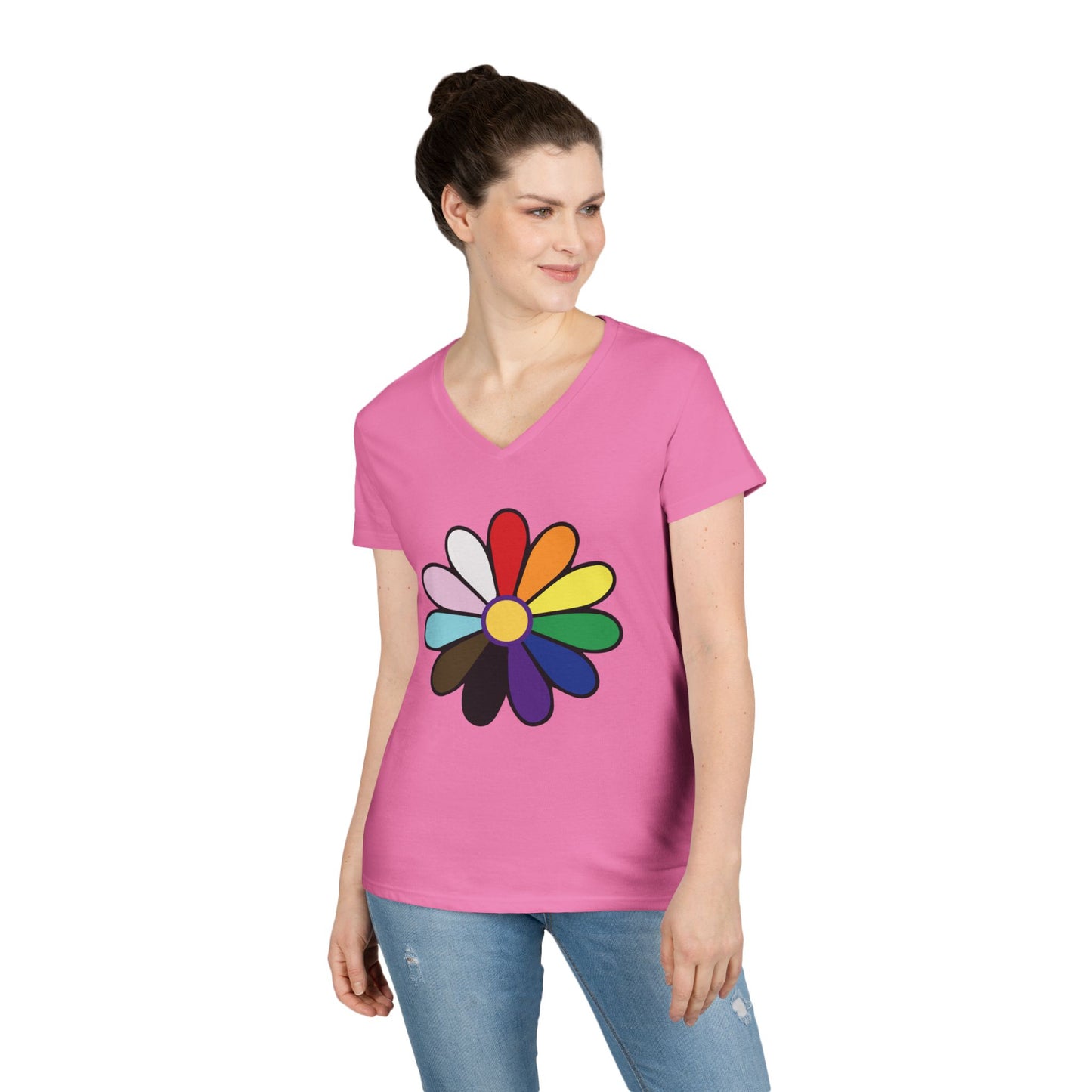 Rainbow Pride Daisy V-Neck Tee — Inclusive Floral Pride Shirt