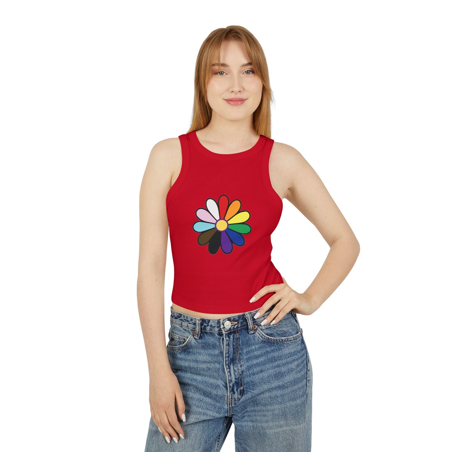 Rainbow Pride Daisy Racer Tank Top — Inclusive Flower Graphic Women's Tank