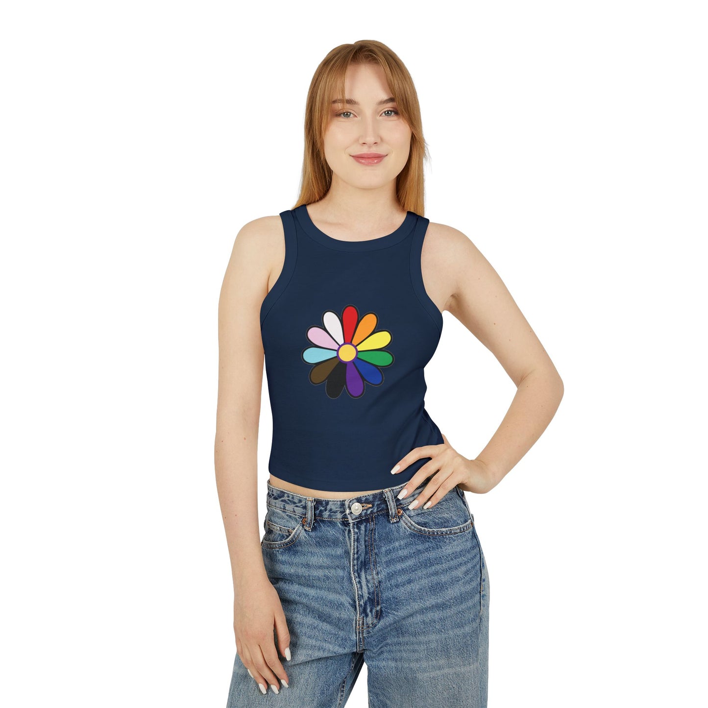 Rainbow Pride Daisy Racer Tank Top — Inclusive Flower Graphic Women's Tank