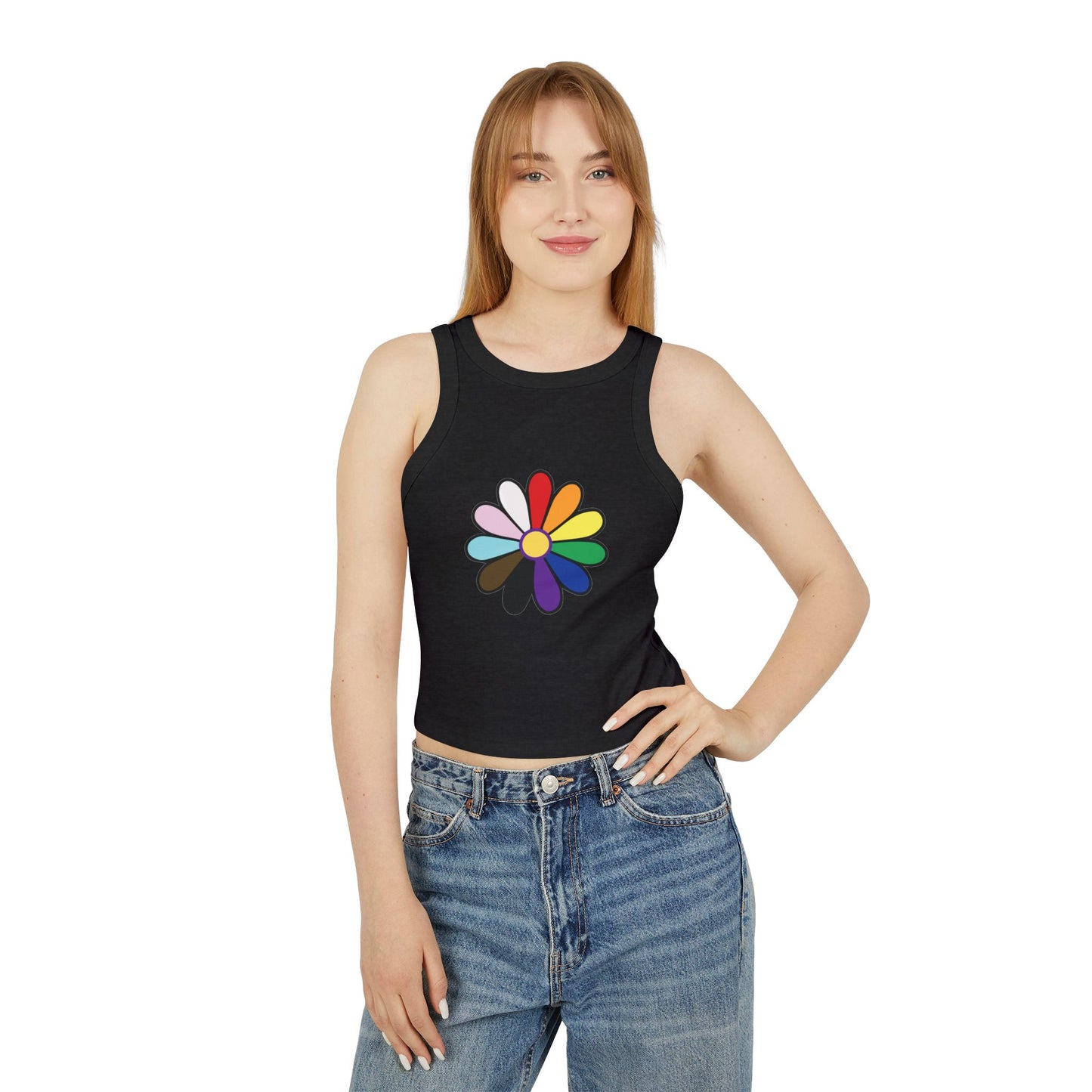 Rainbow Pride Daisy Racer Tank Top — Inclusive Flower Graphic Women's Tank