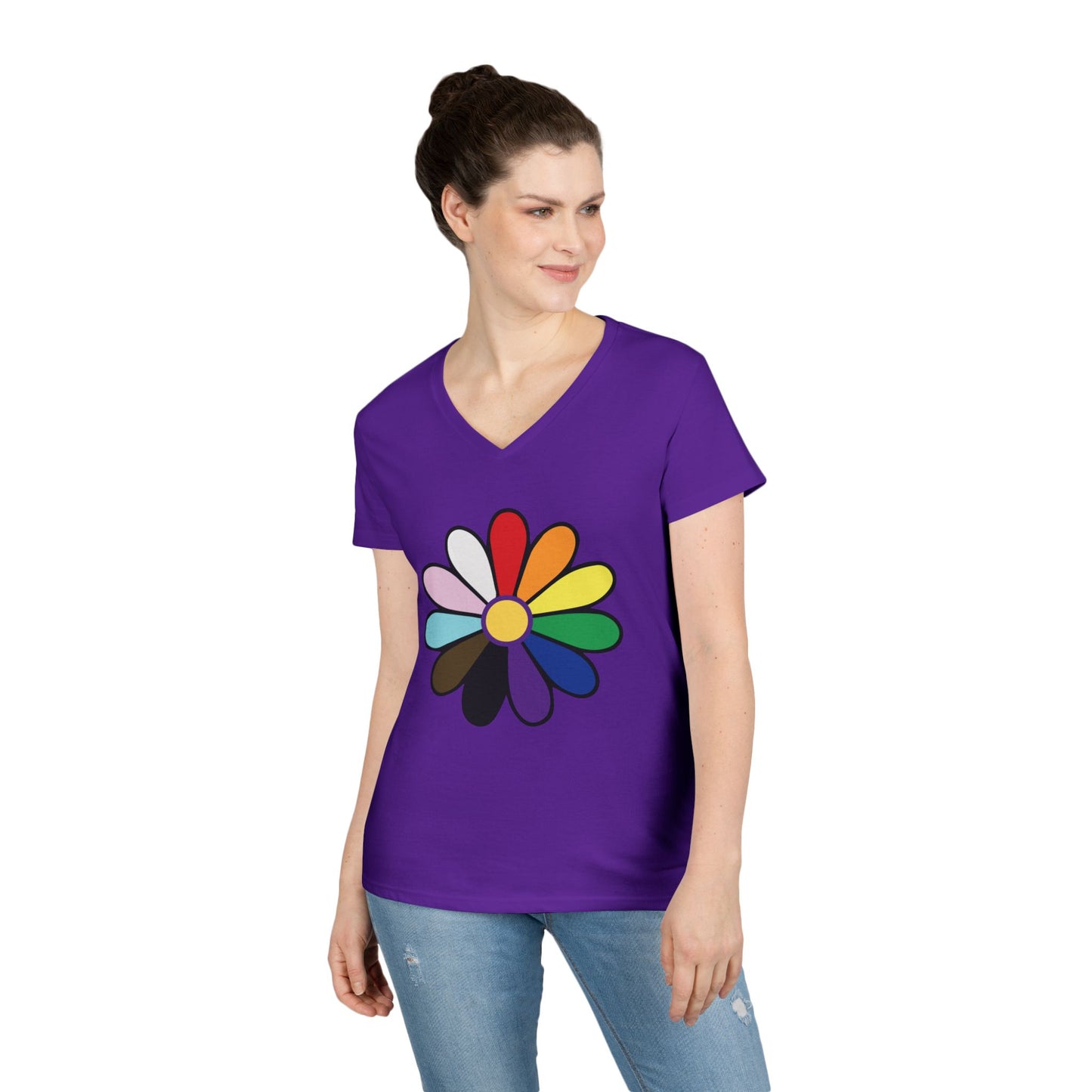 Rainbow Pride Daisy V-Neck Tee — Inclusive Floral Pride Shirt