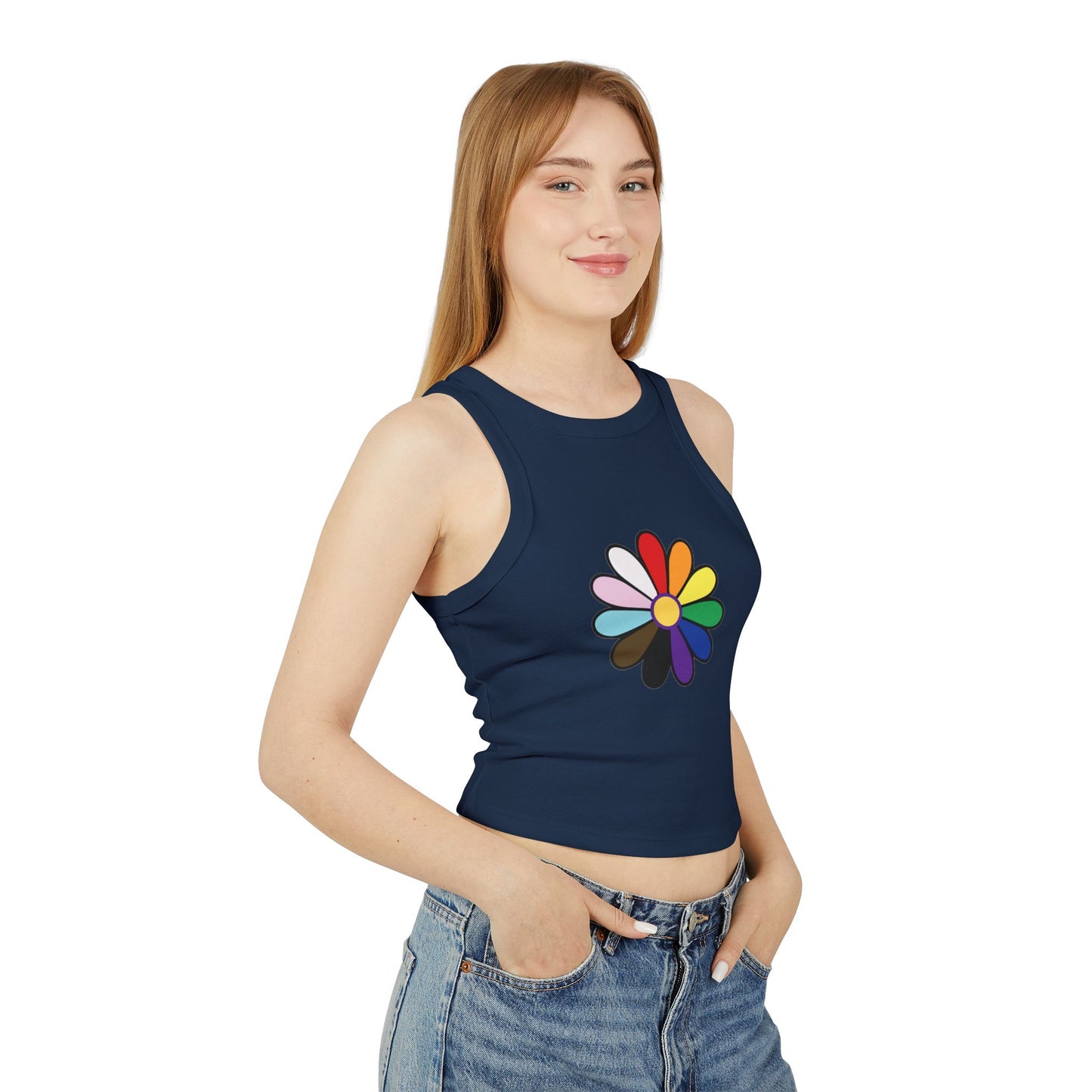 Rainbow Pride Daisy Racer Tank Top — Inclusive Flower Graphic Women's Tank