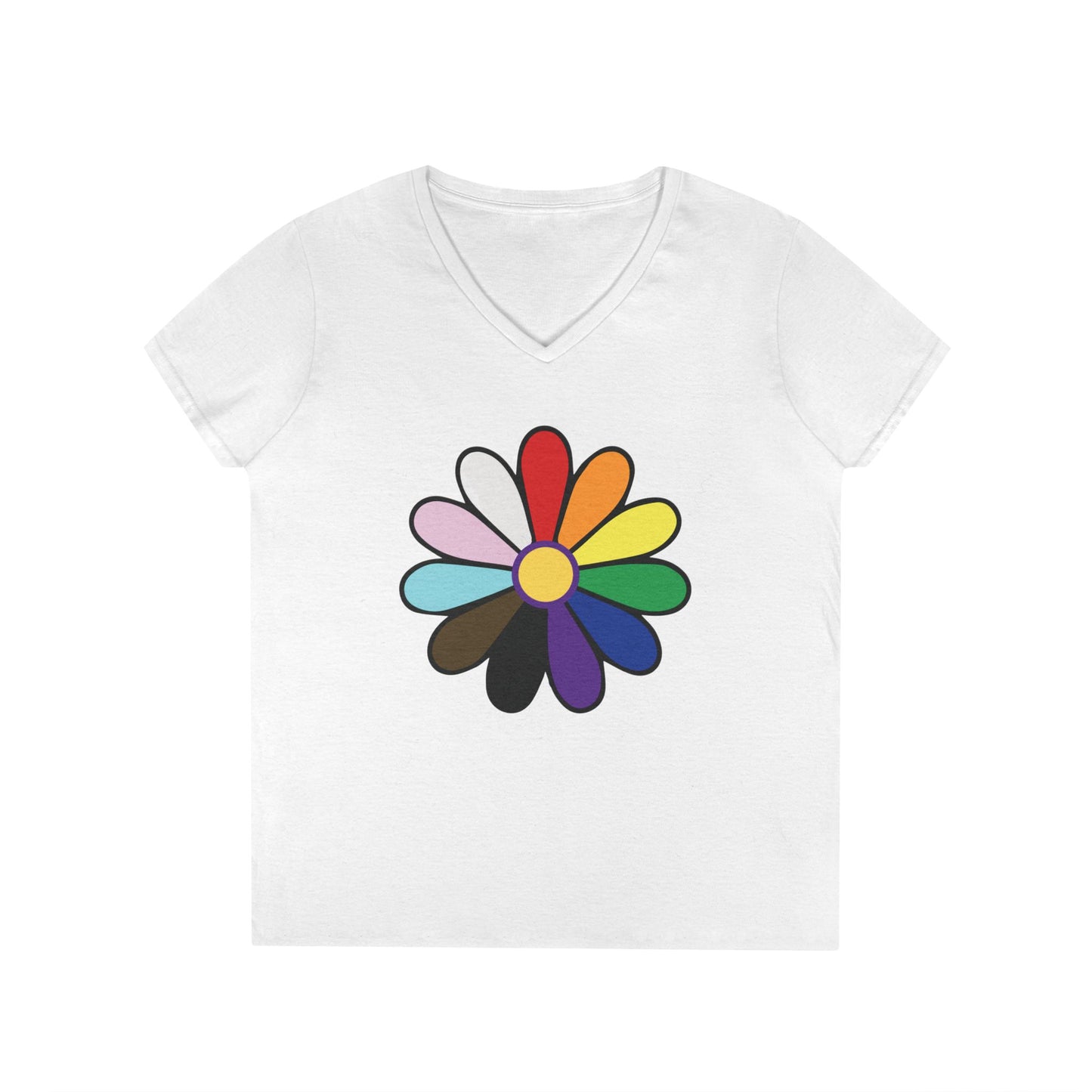 Rainbow Pride Daisy V-Neck Tee — Inclusive Floral Pride Shirt