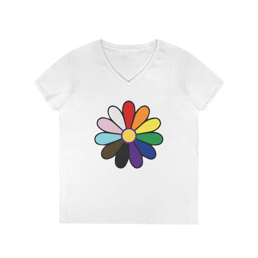 Rainbow Pride Daisy V-Neck Tee — Inclusive Floral Pride Shirt