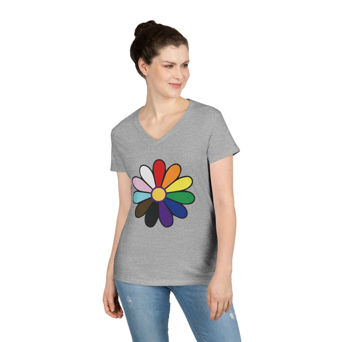 Rainbow Pride Daisy V-Neck Tee — Inclusive Floral Pride Shirt