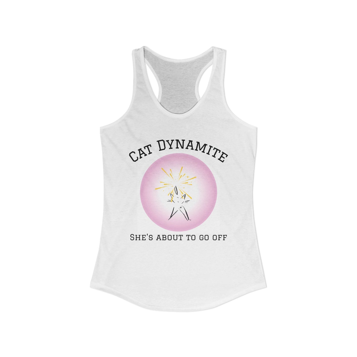 Cat Dynamite graphic tank—pink circle on white