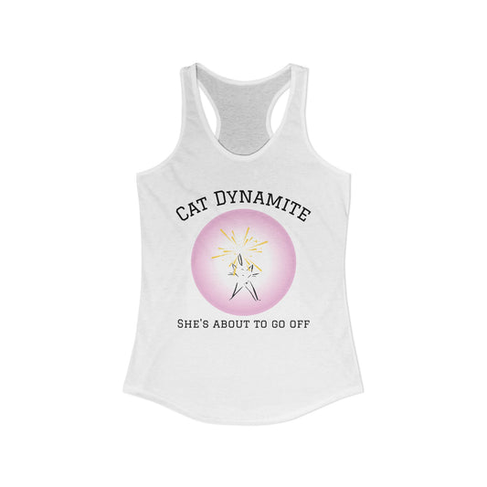 Cat Dynamite graphic tank—pink circle on white