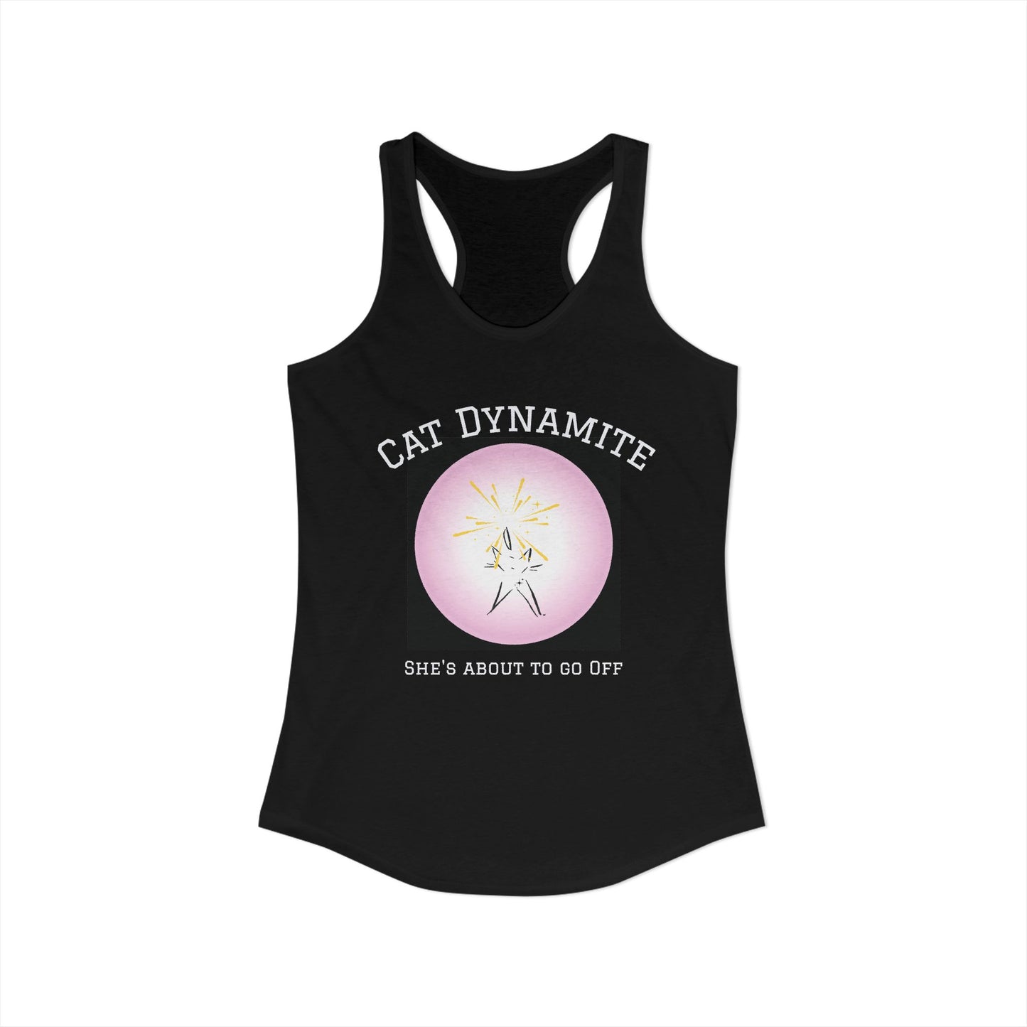 Cat Dynamite graphic tank—pink circle on black