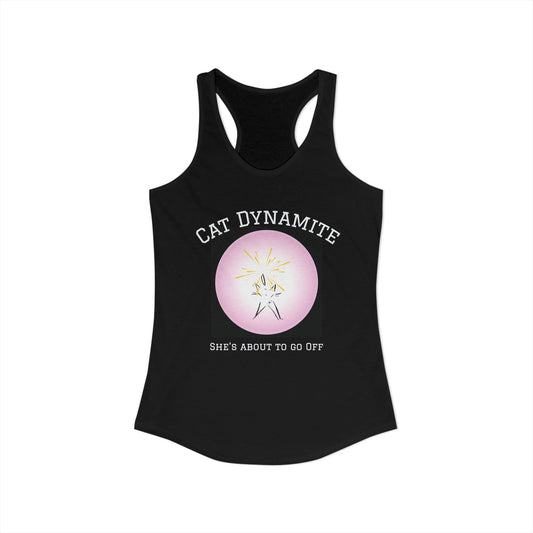 Cat Dynamite graphic tank—pink circle on black