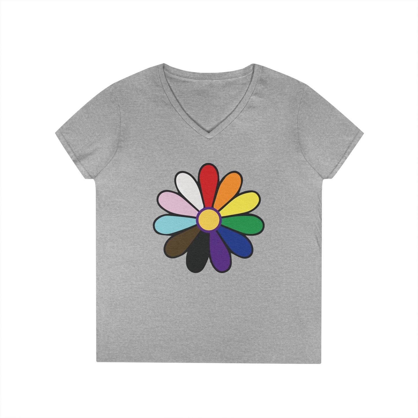 Rainbow Pride Daisy V-Neck Tee — Inclusive Floral Pride Shirt