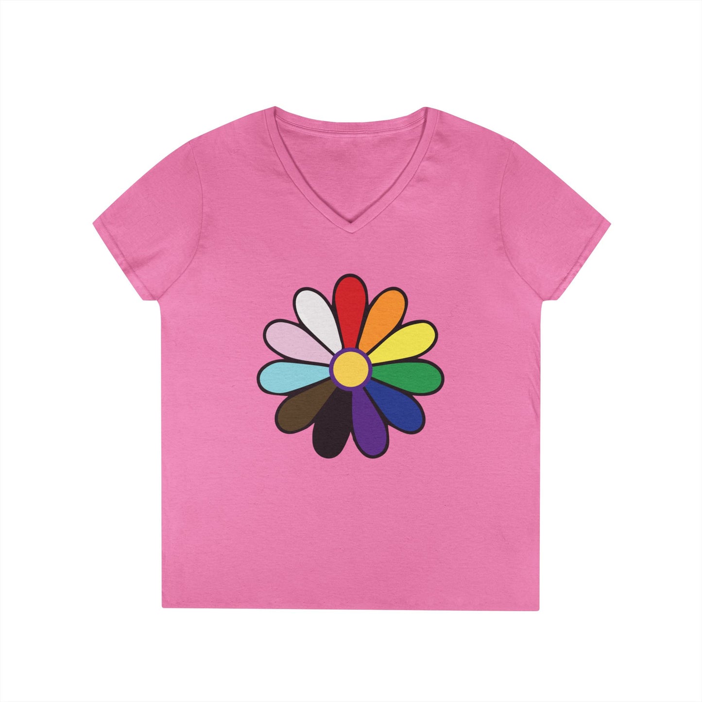 Rainbow Pride Daisy V-Neck Tee — Inclusive Floral Pride Shirt