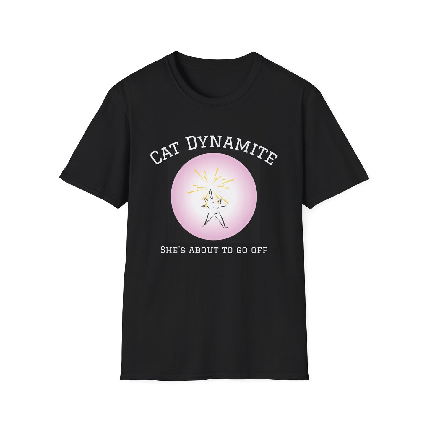 Cat Dynamite graphic tee — pink circle on black