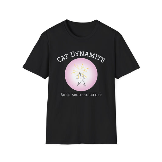 Cat Dynamite graphic tee — pink circle on black