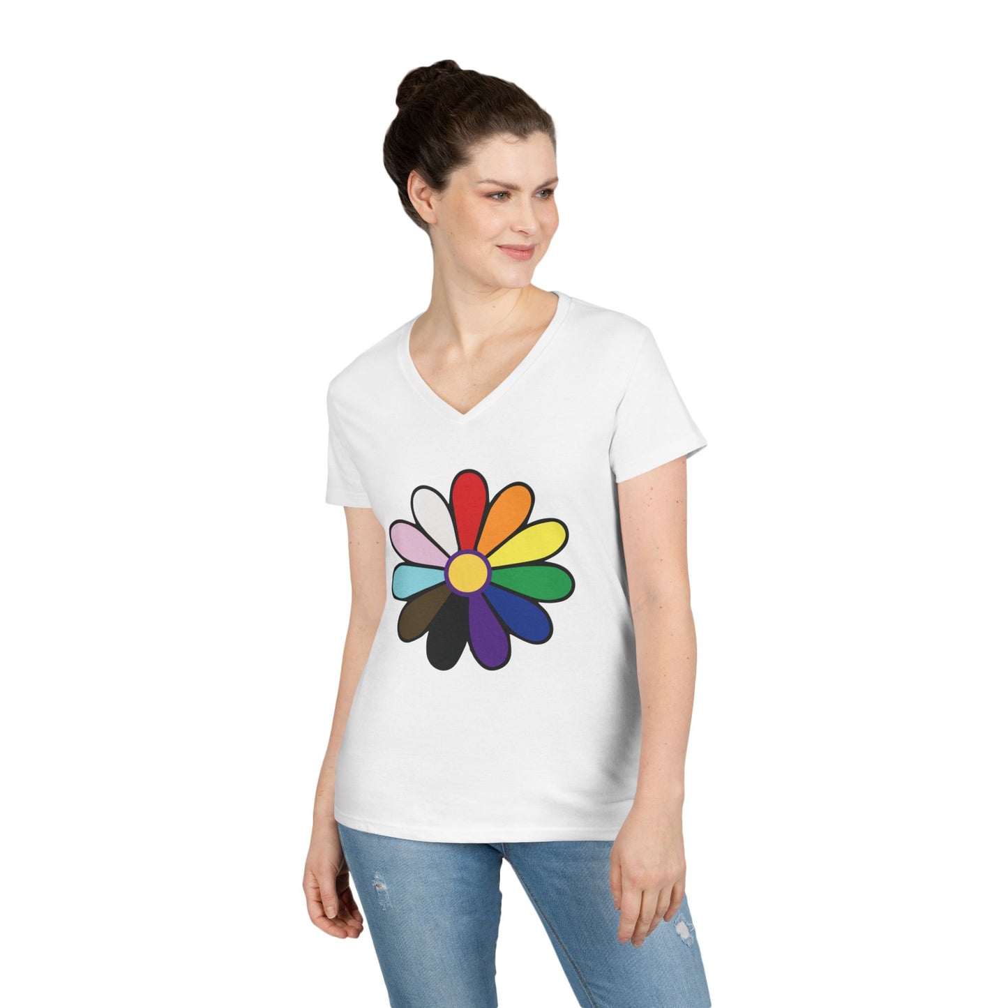 Rainbow Pride Daisy V-Neck Tee — Inclusive Floral Pride Shirt