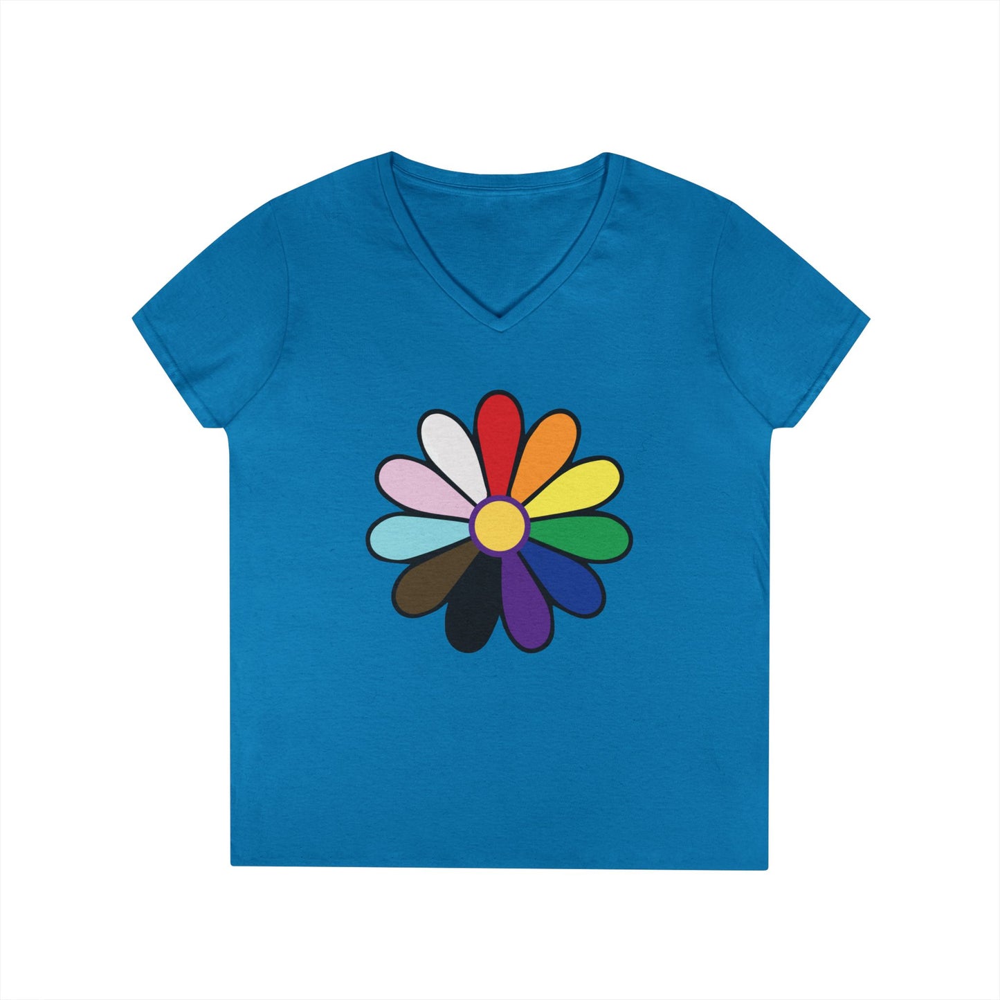 Rainbow Pride Daisy V-Neck Tee — Inclusive Floral Pride Shirt
