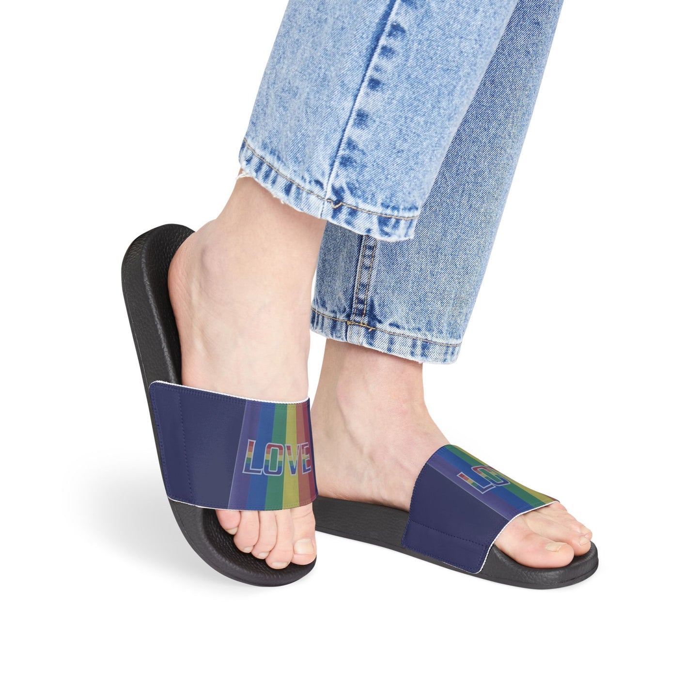 Pride 'LOVE' Rainbow Strap Slide Sandals--Women's dark blue