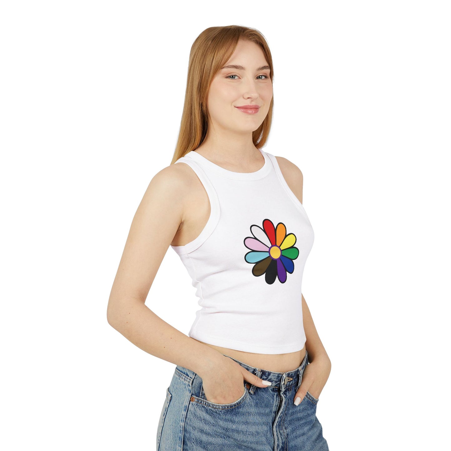 Rainbow Pride Daisy Racer Tank Top — Inclusive Flower Graphic Women's Tank