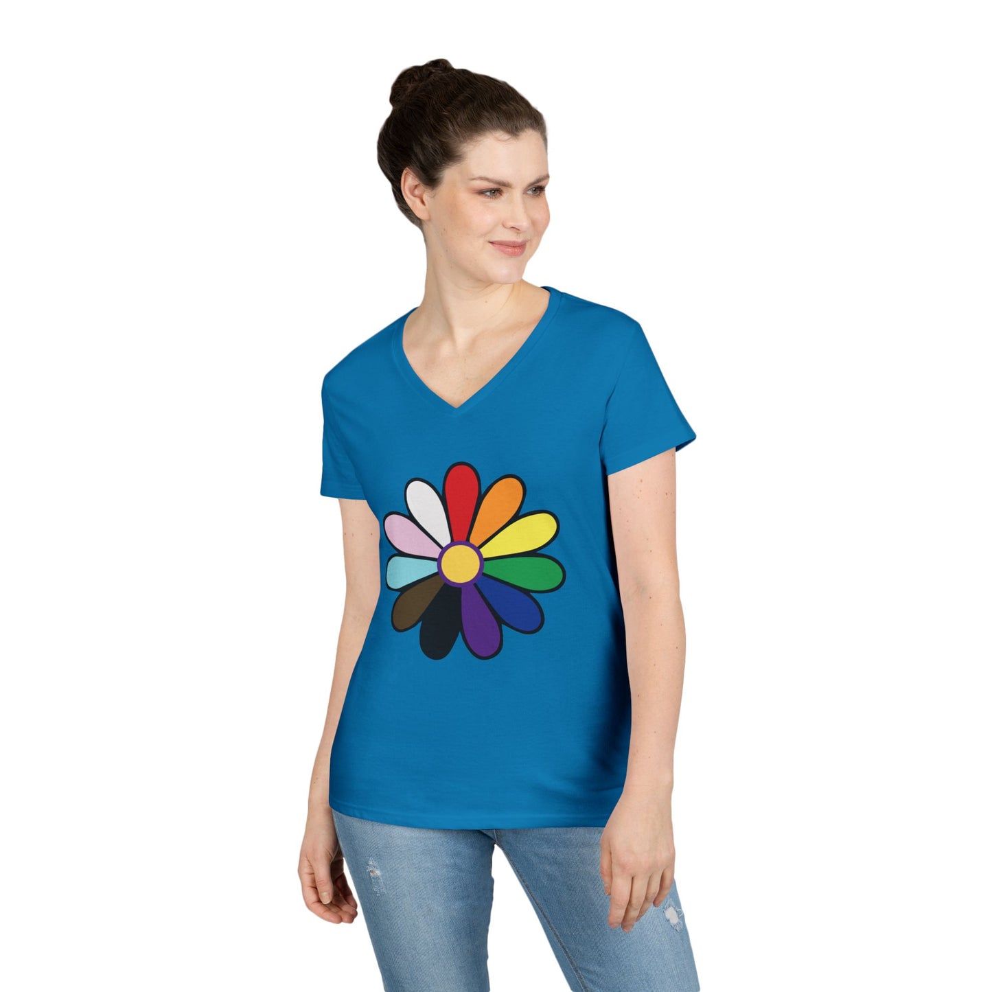 Rainbow Pride Daisy V-Neck Tee — Inclusive Floral Pride Shirt
