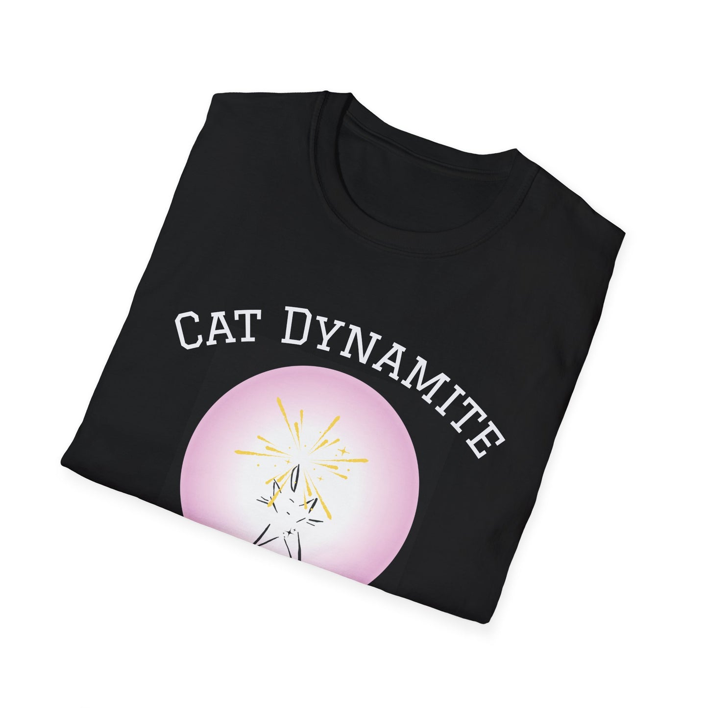Cat Dynamite graphic tee — pink circle on black
