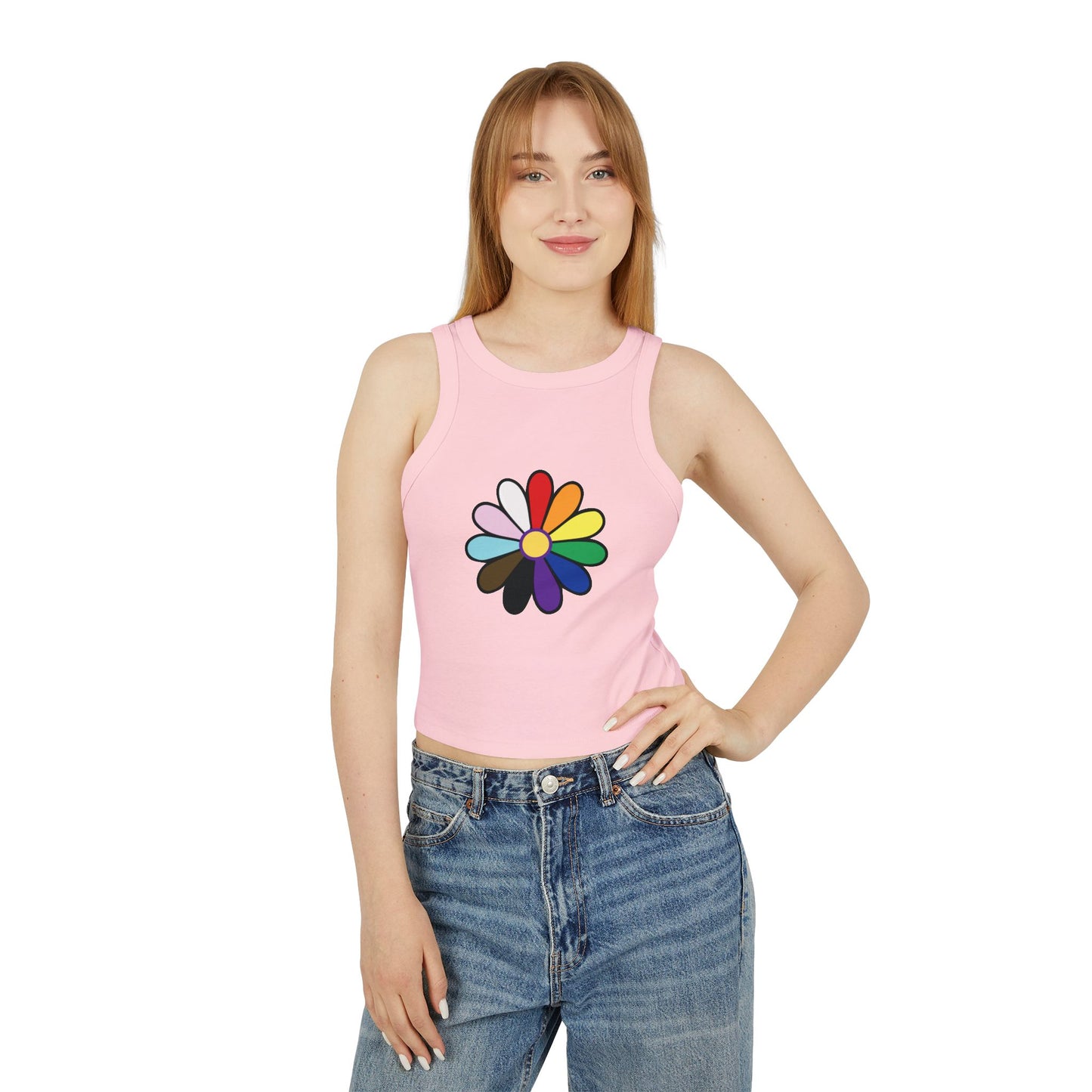 Rainbow Pride Daisy Racer Tank Top — Inclusive Flower Graphic Women's Tank
